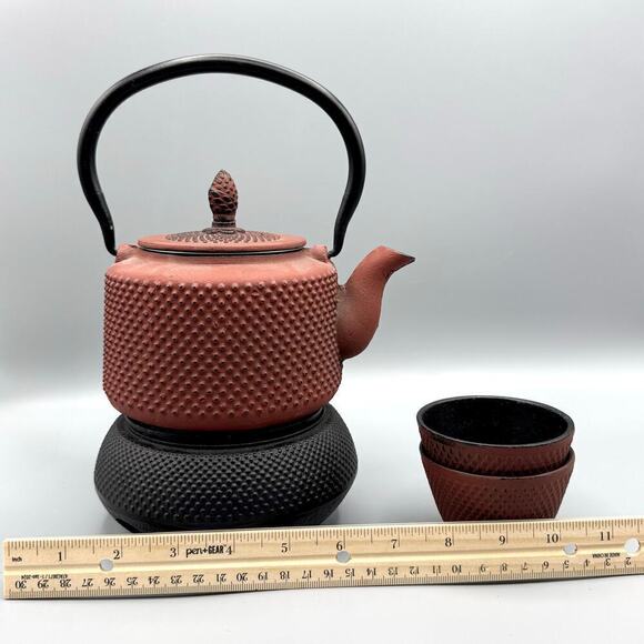 VTG Japanese Teapot Red Cast Iron 2.5c Dobin Strainer Two Cups Brazier NEW - Picture 8 of 8